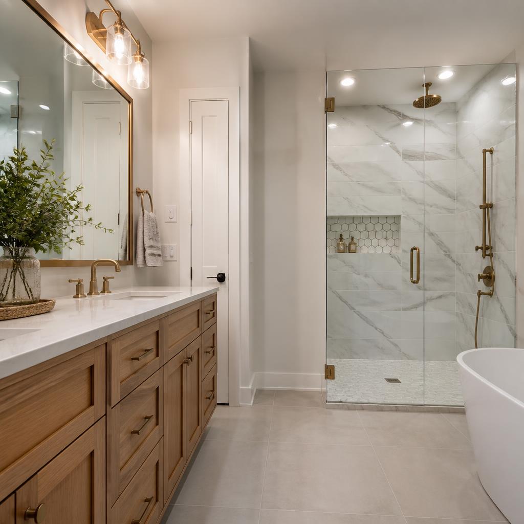 Primary Spa Bath — Marble-look porcelain field with hex mosaic shower pan