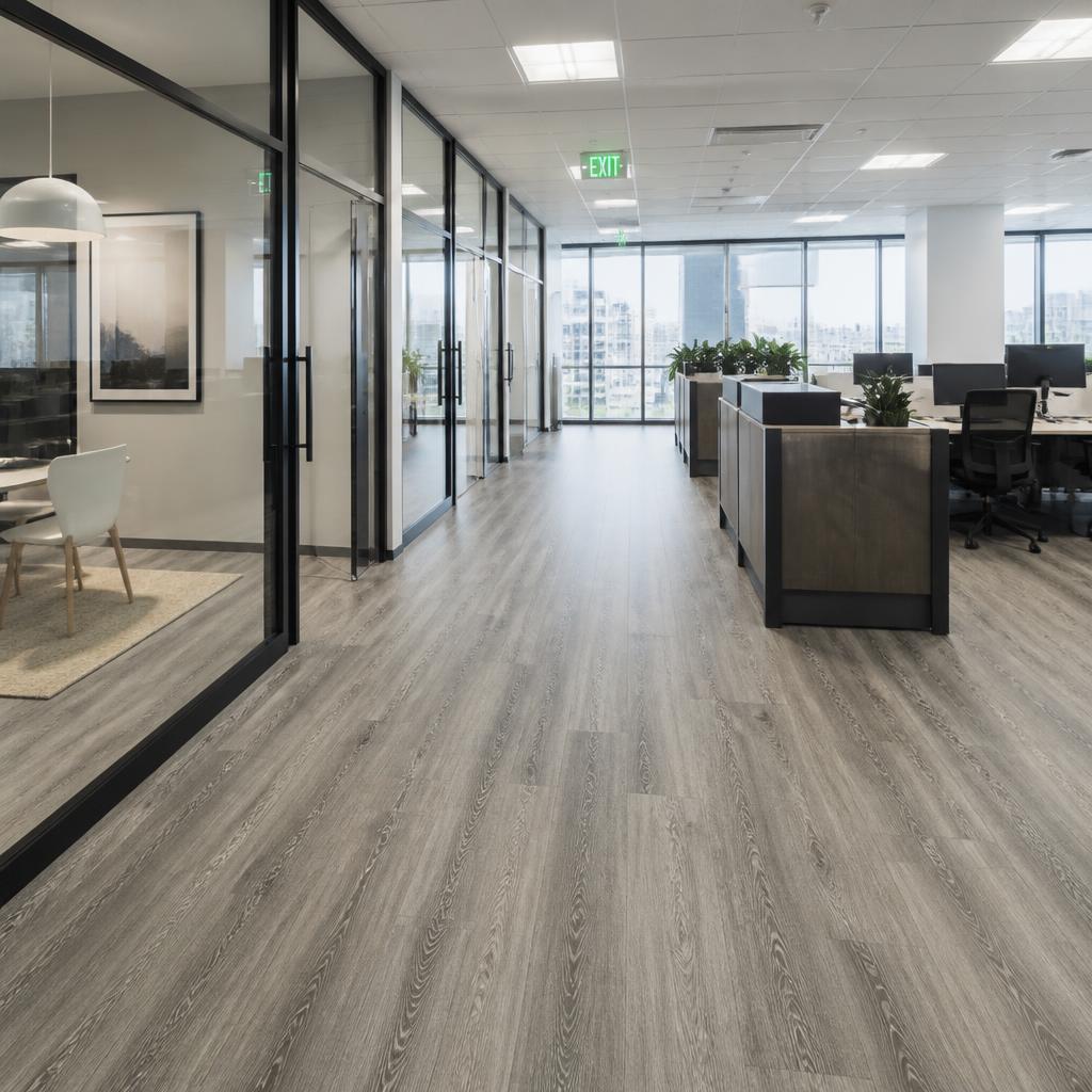 Commercial Office Buildout — 28 mil glue-down LVT, grey oak, ADA transitions