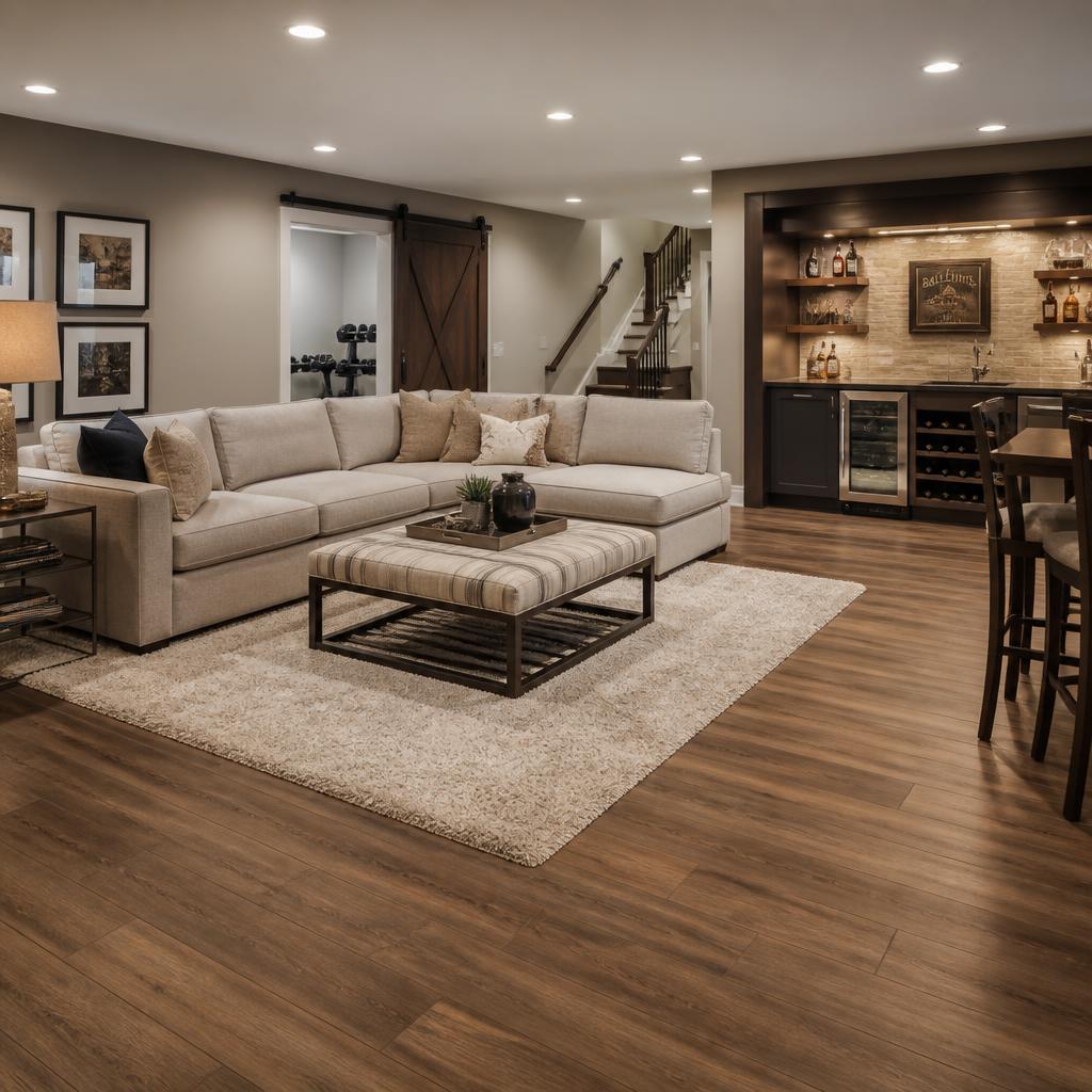 Basement Family Room — 8 mm SPC rigid core, walnut tone, attached IXPE pad
