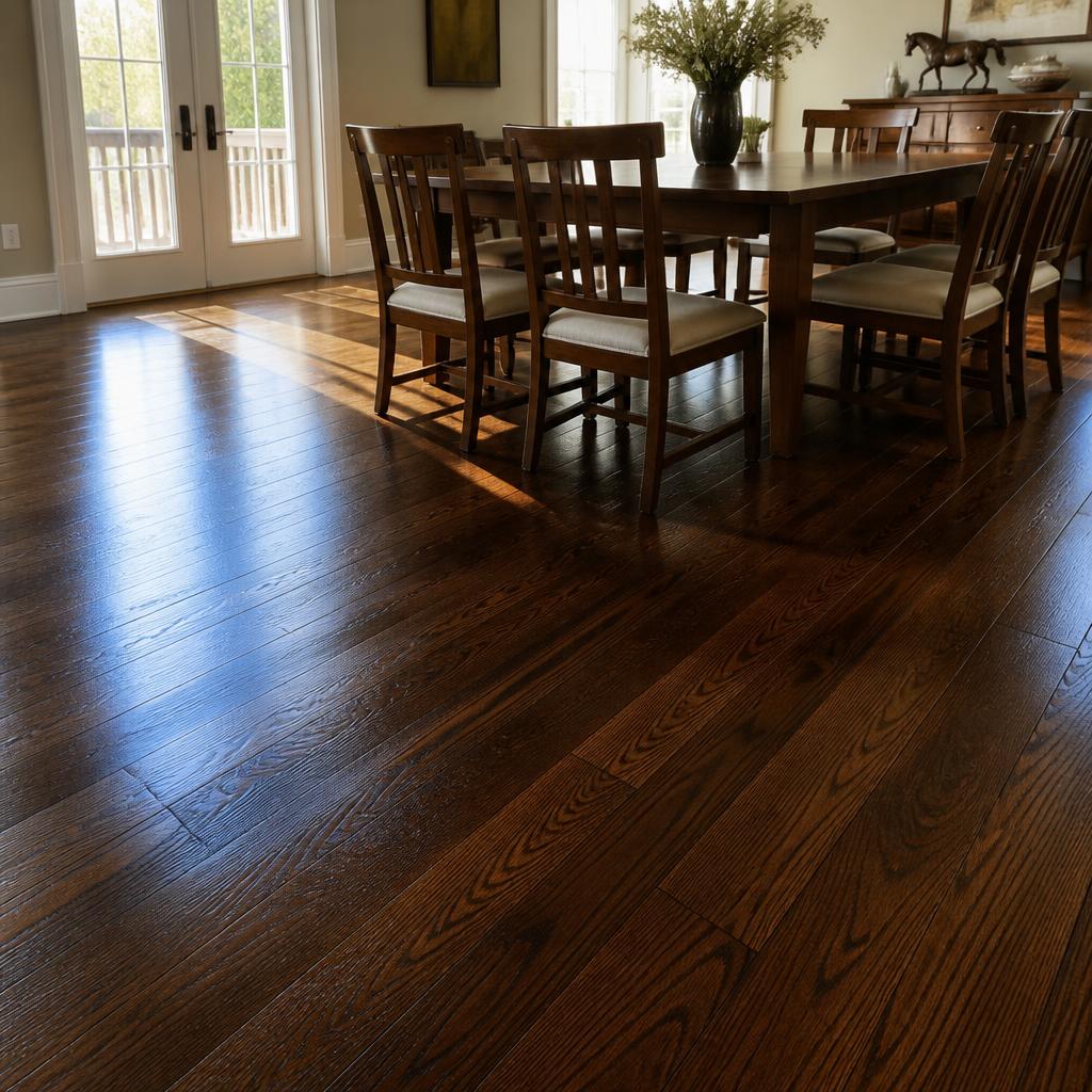 Dining Room Refinish — Original 2¼" red oak, dark walnut stain, 3 coats satin