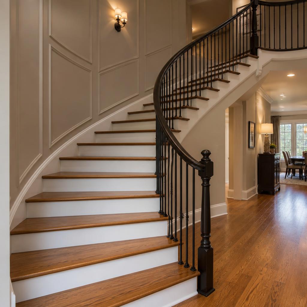 Curved Staircase Restoration — Solid red oak treads, dark walnut stain, satin waterborne topcoat